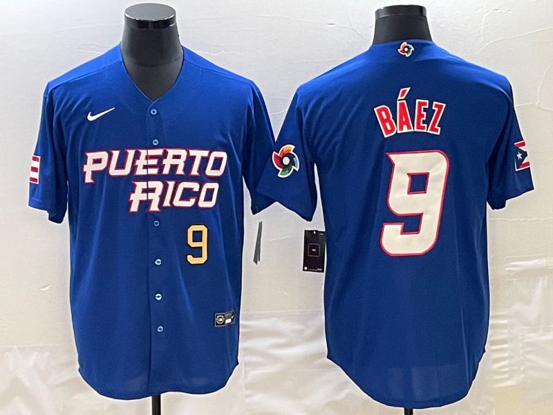 Men 2023 World Cub Puerto Rico #9 Baez Blue Nike MLB Jersey8